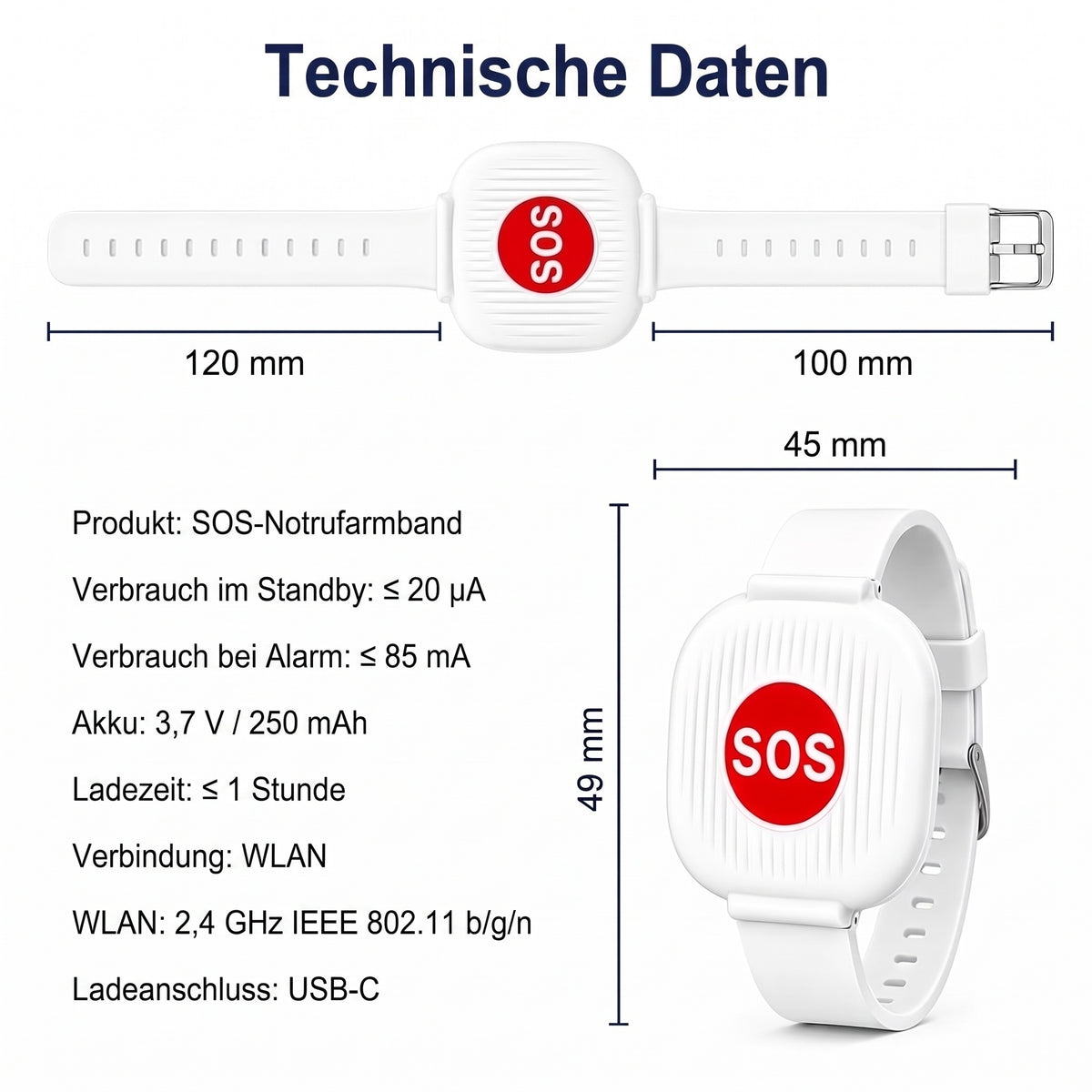 Technische Daten des Armbands Vitae SOS
